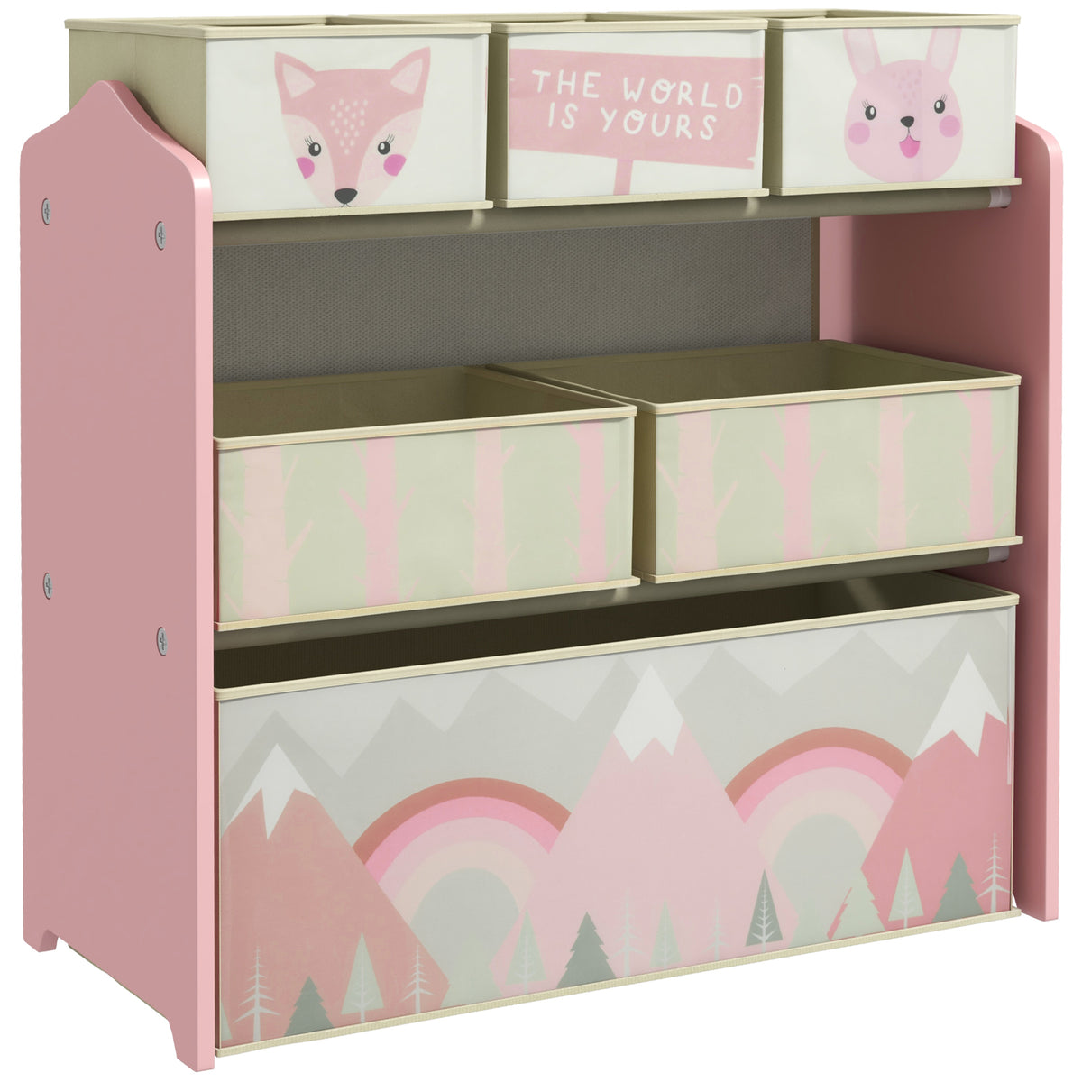 ZONEKIZ Kids Storage Unit, Toy Storage Organiser, with Six Fabric Bins, for Bedrooms, Playrooms, Nurseries - Pink