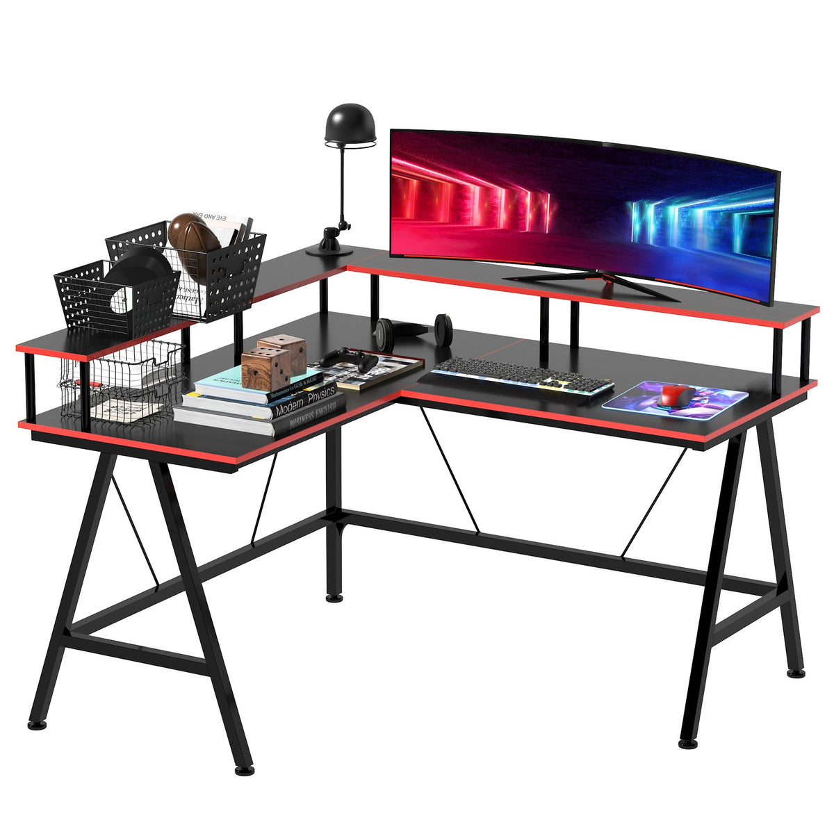 HOMCOM L Shaped Gaming Desk, Corner Computer Desk with Monitor Stand for Home Office, 140 x 130 x 93cm, Black and Red