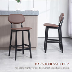 HOMCOM Bar Stools Set of 2, Contemporary Breakfast Bar Chairs, Faux Leather Upholstered Kitchen Stools with Backs and Solid Wood Legs, Brown