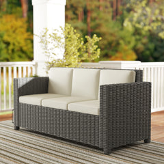 Outsunny 3 Seater Rattan Sofa All-Weather Wicker Weave Metal Frame Chair with Fire Resistant Cushio-Cream