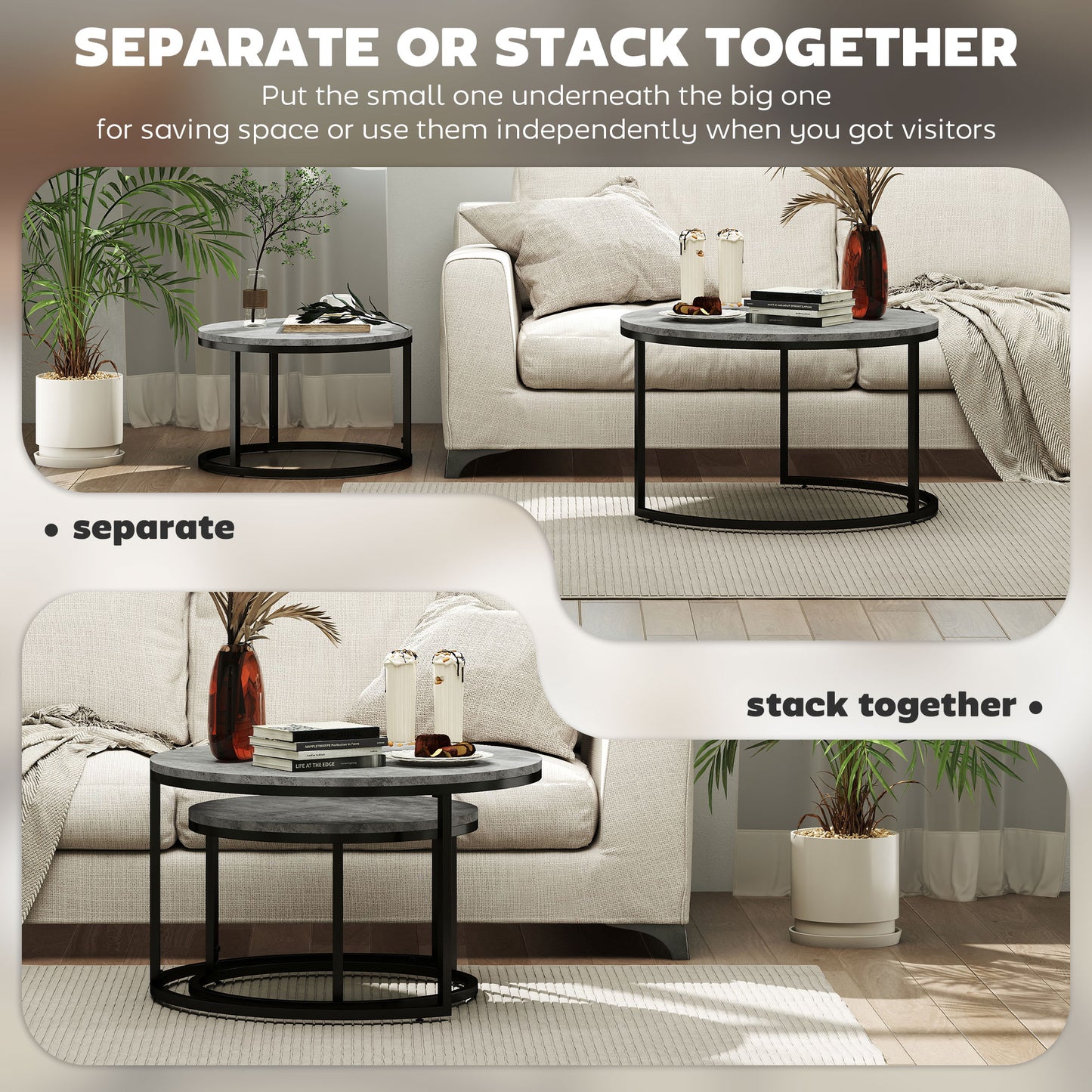 HOMCOM Set of Two Marble-Effect Stacking Tables - Grey/Black