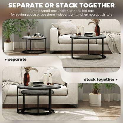 HOMCOM Set of Two Marble-Effect Stacking Tables - Grey/Black