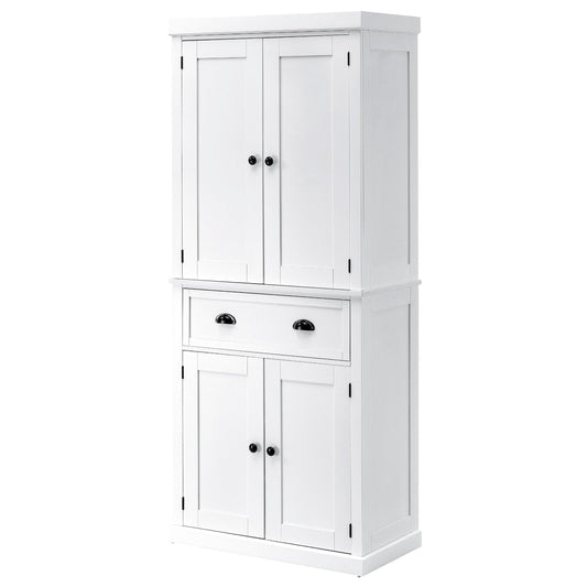 HOMCOM Freestanding Kitchen Cupboard, 184cm Tall Storage Cabinet with Doors and Shelves, Traditional Colonial 4-Door Kitchen Pantry Cupboard with Drawer, White