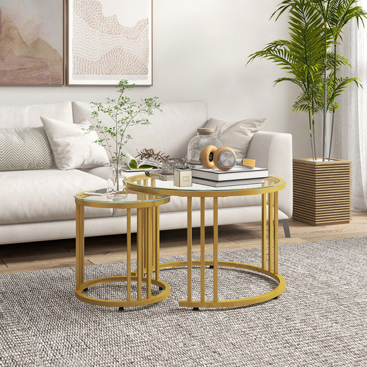 HOMCOM Round Coffee Tables Set of 2, Nesting Tables with Tempered Glass Top and Steel Frame, 60cmx60cmx47cm, Gold Tone