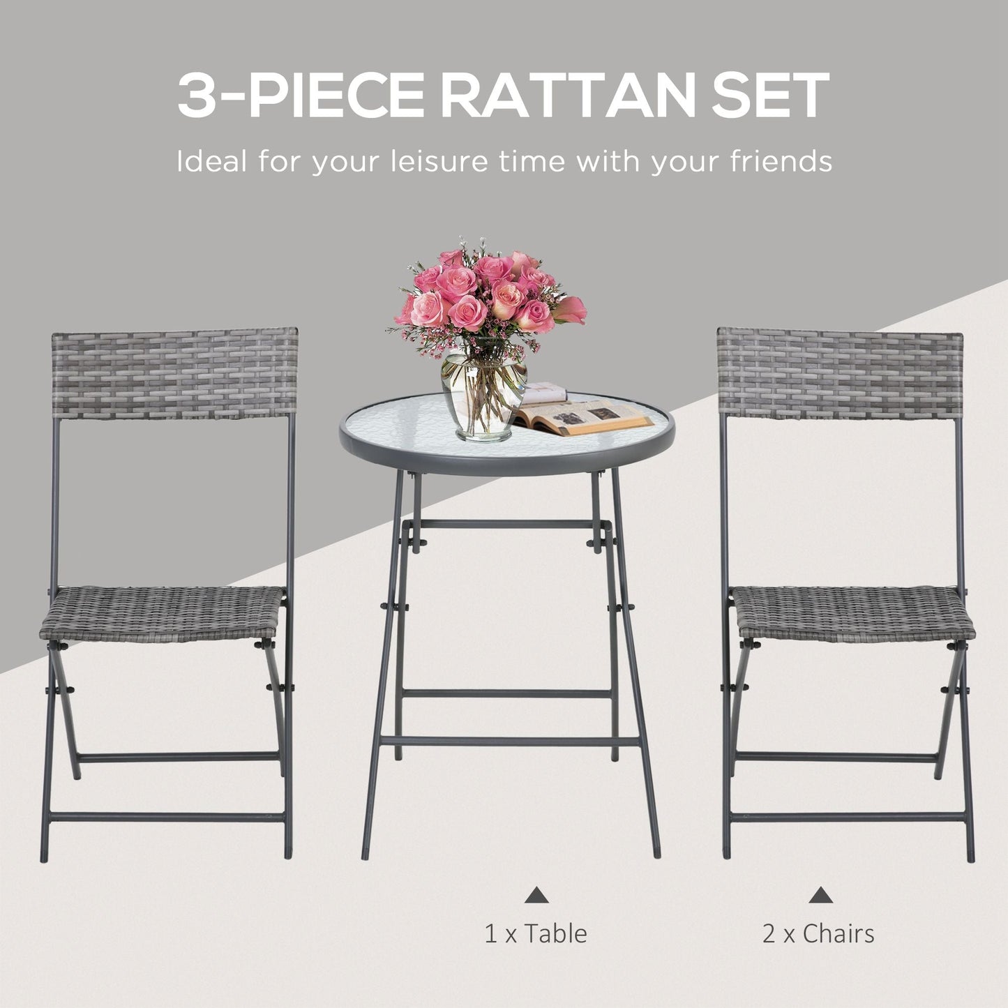 Outsunny 3 Pieces Rattan Bistro Set, Wicker Folding Garden Furniture Set with Glass Top Coffee Table and Chairs for Outdoor, Patio, Balcony, Grey