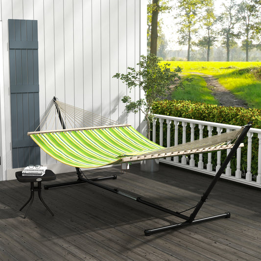 Outsunny Outdoor Garden Hammock with Stand, Double Cotton Hammock with Adjustable Steel Frame, Swing Hanging Bed with Pillow, for Garden, Patio, Beach, Green Stripes