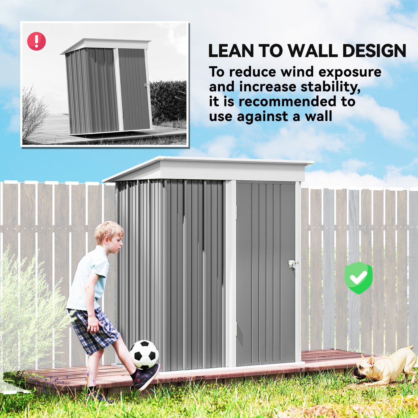Outsunny Metal Garden Shed, Outdoor Lean-to Shed for Tool Motor Bike, with Adjustable Shelf, Lock, Gloves, 5'x3'x6', Grey