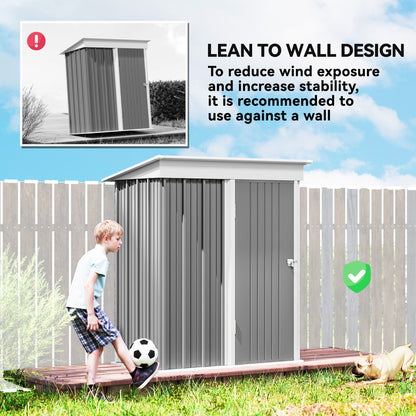 Outsunny Metal Garden Shed, Outdoor Lean-to Shed for Tool Motor Bike, with Adjustable Shelf, Lock, Gloves, 5'x3'x6', Grey