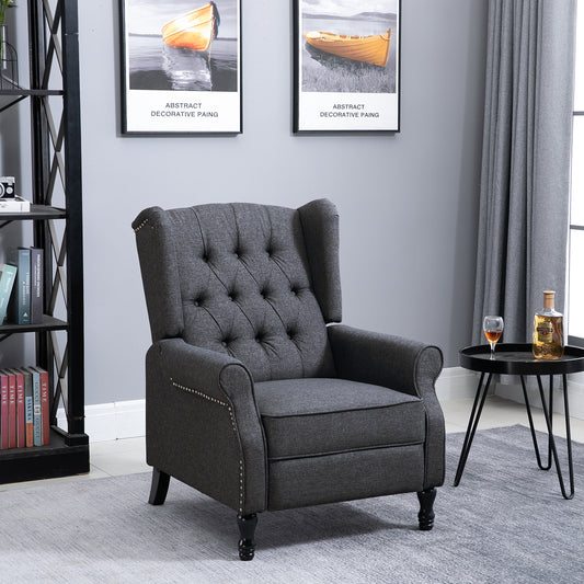 HOMCOM Recliner Armchair, Vintage Reclining Chair with Nail Head Trim, Wingback Chair with Button Tufted Back and Footrest, for Living Room, Dark Grey