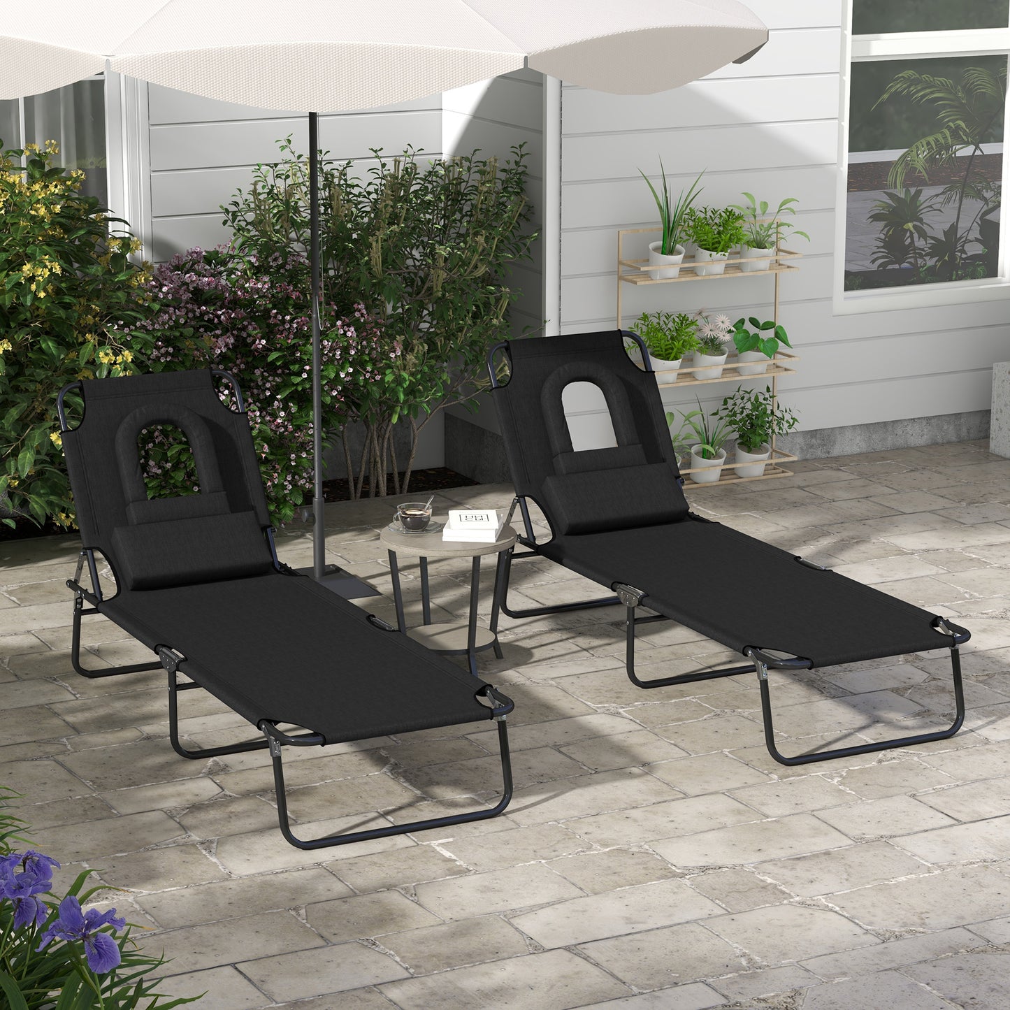 Outsunny Outdoor Folding Sun Lounger Set of 2 with Face Hole, 4 Level Adjustable Backrest Reclining Garden Lounger, Garden Recliner Sunbed with 600 D Oxford Cloth Seat and Pillow for Beach, Black
