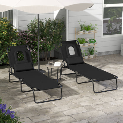 Outsunny Outdoor Folding Sun Lounger Set of 2 with Face Hole, 4 Level Adjustable Backrest Reclining Garden Lounger, Garden Recliner Sunbed with 600 D Oxford Cloth Seat and Pillow for Beach, Black