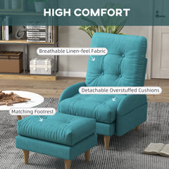 HOMCOM Upholstered Recliner Armchair with Footstool Set, Modern Button Tufted Accent Chair with Adjustable Backrest, Cushions, Wood Legs and Side Pockets for Living Room, Bedroom, Home Study, Blue