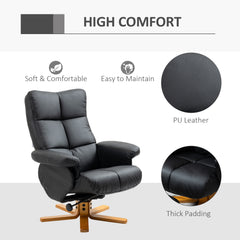 HOMCOM Recliner Armchair, Swivel Reclining Chair With Ottoman, Swivel Faux Leather Chair with Wooden Base and Storage Footstool for Living Room, Black