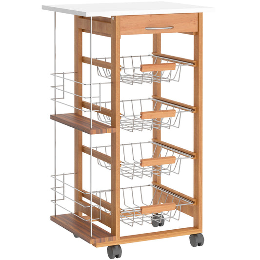 HOMCOM Rolling Kitchen Cart, Utility Storage Cart with 4 Basket Drawers & Side Racks, Wheels for Dining Room, Brown