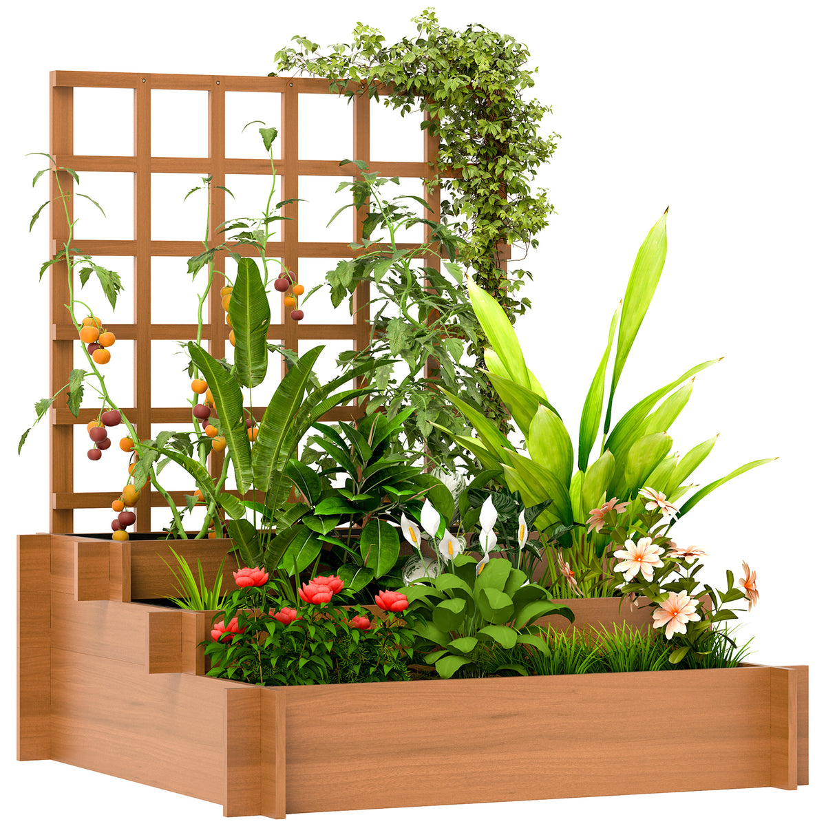 Outsunny 3 Tier Garden Planters with Trellis for Vine Climbing, Wooden Raised Beds, 95x95x110cm, Brown