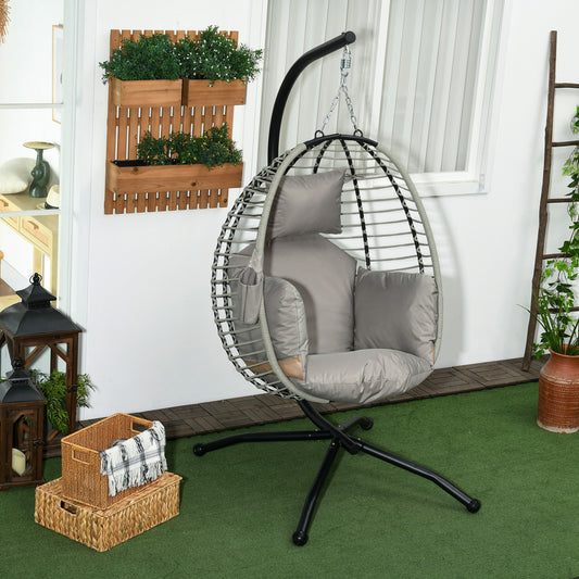 Outsunny Single Rattan Hanging Egg Chair, with Seat Cushion - Grey