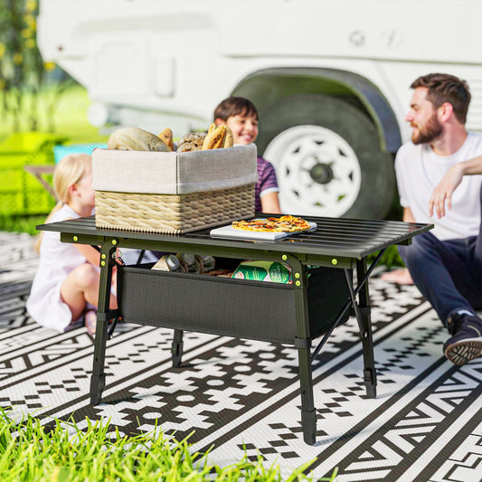 Outsunny Folding Camping Table, 90 x 55 cm Height Adjustable Portable Collapsible Table, 3ft Lightweight Aluminium Rollup Picnic Table with Storage Basket for Outdoor Garden Party BBQ, Black