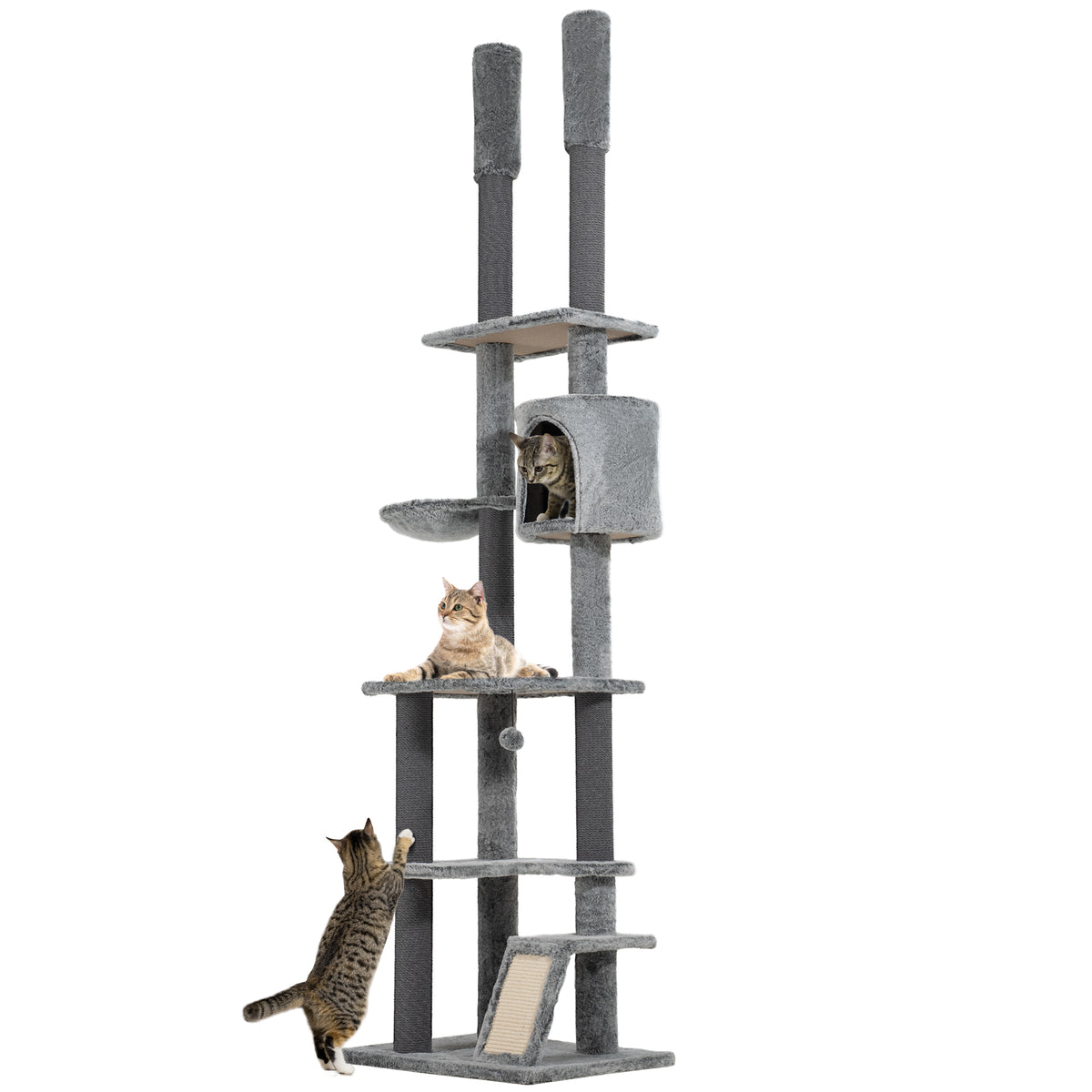 PawHut 225-255cm Floor to Ceiling Cat Tree, Large Cat Tower w/ Cat Scratching Posts, Ramp, Cat House