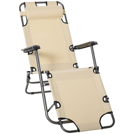 Outsunny 2 in 1 Sun Lounger Folding Reclining Chair Garden Outdoor Camping Adjustable Back with Pillow, Beige