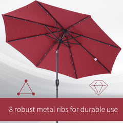 Outsunny â2.7m Garden 24 LED Light Parasol Solar Outdoor Tilt Sun Umbrella Patio Club Party Event Manual Sun Shade w/ Hand Crank and 8 Ribs, Red