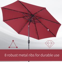 Outsunny 2.7m Garden 24 LED Light Parasol Solar Outdoor Tilt Sun Umbrella Patio Club Party Event Manual Sun Shade w/ Hand Crank and 8 Ribs, Red