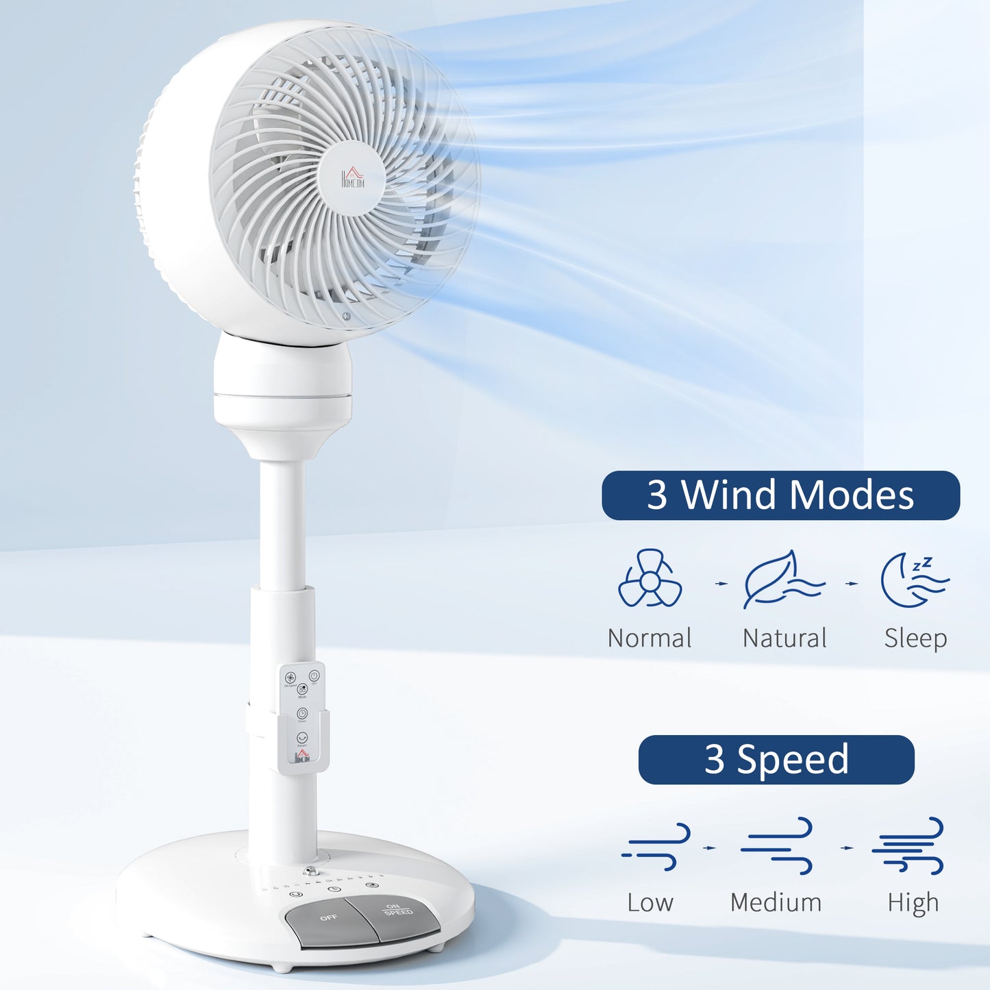HOMCOM 9'' Air Circulator Fan 3 Speed 3 Mode, 70√Ç¬∞ Oscillation 90√Ç¬∞ Vertical Tilt, Height Adjustable, Remote Controller, for Living Room, Bedroom, Office, White