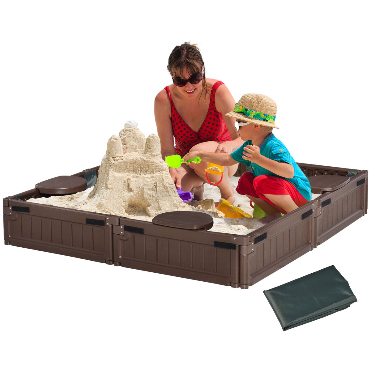 Outsunny Sand Pit Children's Plastic Sandpit w/ Water-Resistant Oxford Cover Bottom Fabric Liner kid Playset for 3-12 years old, Garden, Outdoor - (Brown)