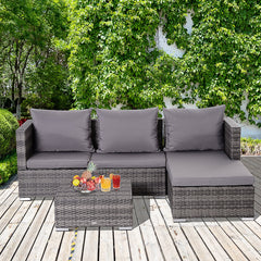 Outsunny 3PC Rattan Garden Furniture Storage Sofa Set 4 Seater Wicker Coffee Table Conservatory Sun Lounger Reclining Set Outdoor Weave with Cushion Grey