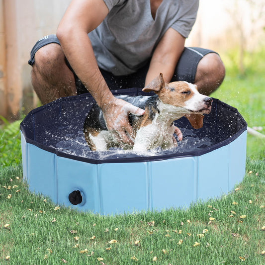 PawHut Foldable Dog Paddling Pool Pet Cat Swimming Pool Indoor/Outdoor Collapsible Summer Bathing Tub Shower Tub Puppy Washer (80 √É‚Äî 20H cm, Blue)