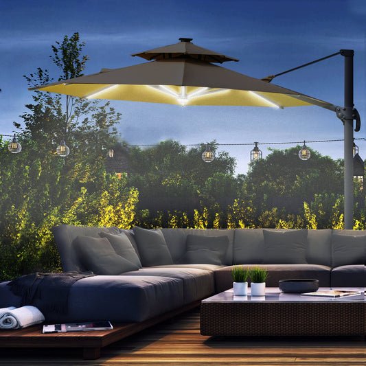 Outsunny 3m Cantilever Parasol w/ Solar Lights Power Bank Base 360√Ç¬∞ Spin Khaki