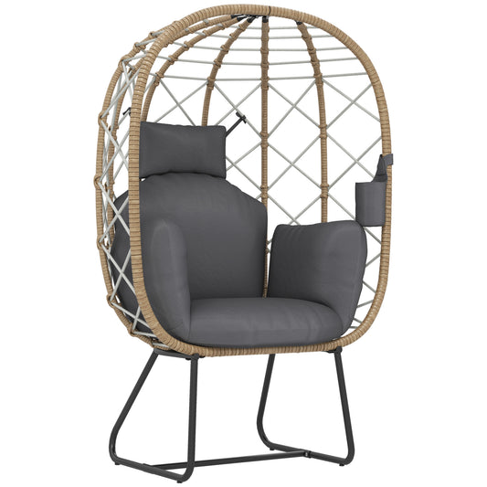 Outsunny Rattan Egg Chair Outdoor Indoor Wicker Chair with Thickened Cushion and Headrest, Standing Garden Egg Chair with Cup Holder, Metal Frame for Patio, Balcony, Brown