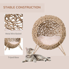 PawHut Wicker Cat Bed, Ball-Shaped Rattan Elevated Cat Basket with Three Tripod Legs, Cushion - Natural Wood Finish