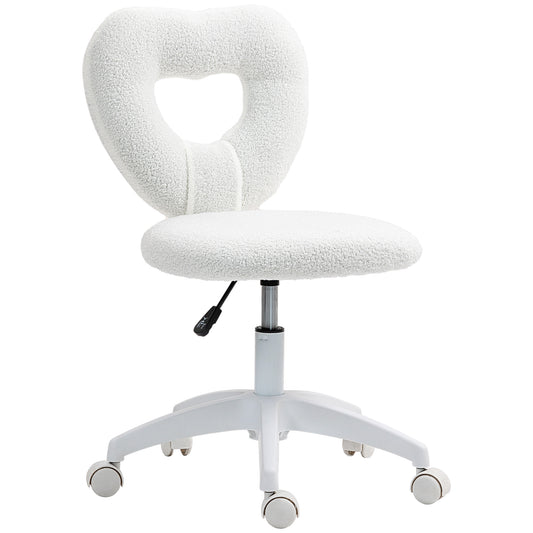 HOMCOM Armless Heart Computer Desk Chair, Teddy Fleece Swivel Office Chair, Makeup Vanity Chair with Height Adjustable, Wheels, for Home Study Bedroom, White