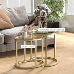 HOMCOM Modern Coffee Table Set of 2, Nest of Tables with Steel Frame and Tempered Glass Tabletop, Side Tables for Living Room Bedroom, Clear