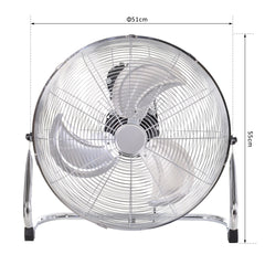 HOMCOM 20" Chrome Metal Floor Fan with Tilting, High Velocity, 3 Speed, Portable Gym Fan for Home Office, Silver