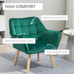 HOMCOM Armchair Accent Chair, Vanity Chair with Wide Arms, Slanted Back, Padding, Metal Frame, Wooden Legs, Home Bedroom Furniture Seating, Set of 2, Green