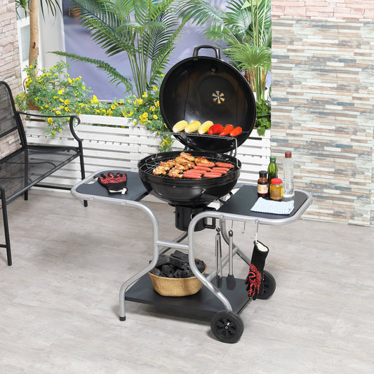 Outsunny Portable Charcoal Kettle Grill Outdoor Barbecue Trolley BBQ Heat Smoker Grilling with 2 Wheels, Storage Shelf and 4 Hooks, Free Standing, Black