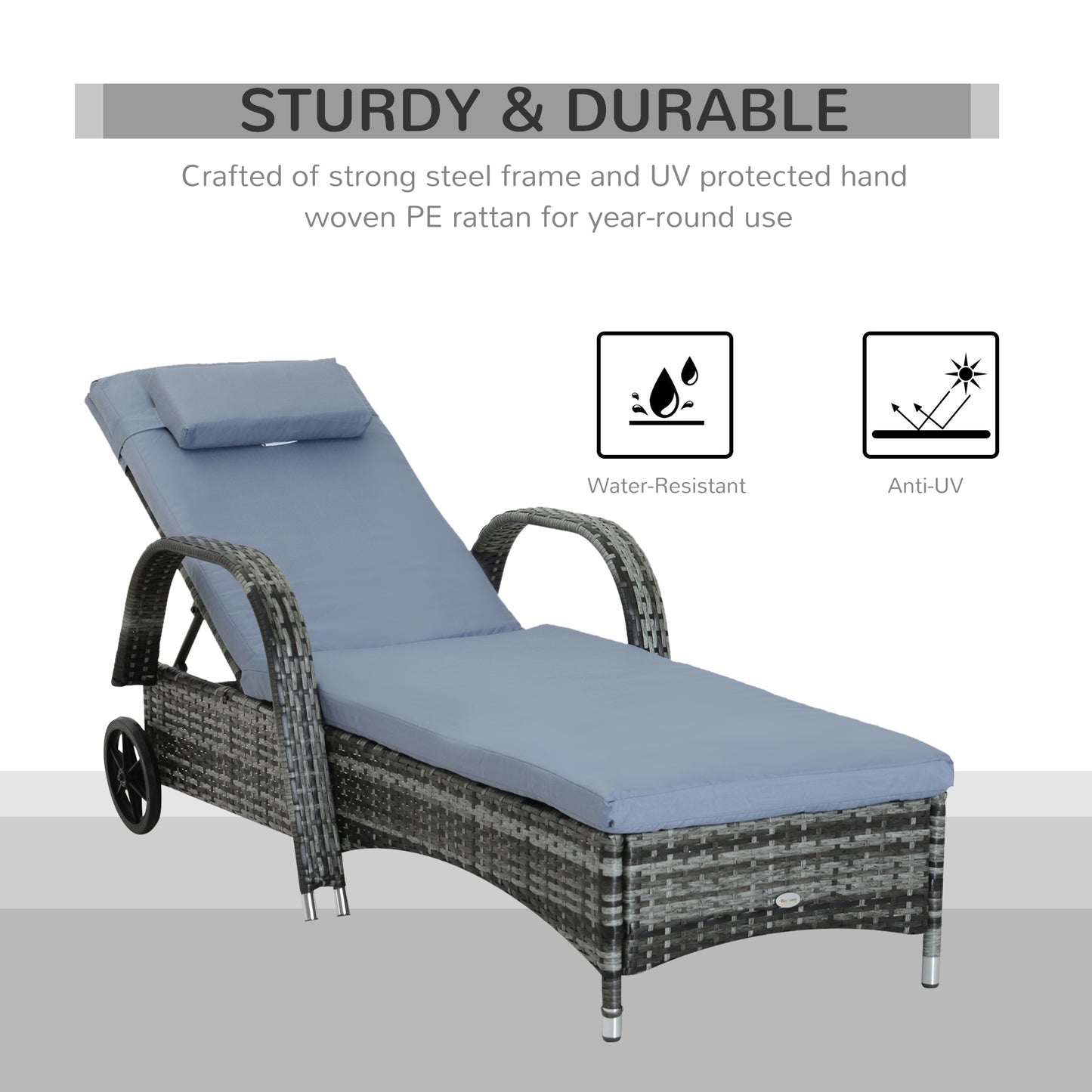 Outsunny 2PC Rattan Sun Lounger Recliner Bed Reclining Chair Patio Garden Outdoor Wicker Weave Adjustable Headrest with Fire Retardant Cushion √¢‚Ç¨‚Äú Grey