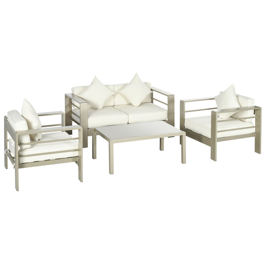 Outsunny 4 Pieces Outdoor Garden Furniture Set, Aluminium Frame Backyard Furniture w/ Thick Padded Cushioned Loveseat, 2 Chairs, and Glass Top Table, Champagne Gold