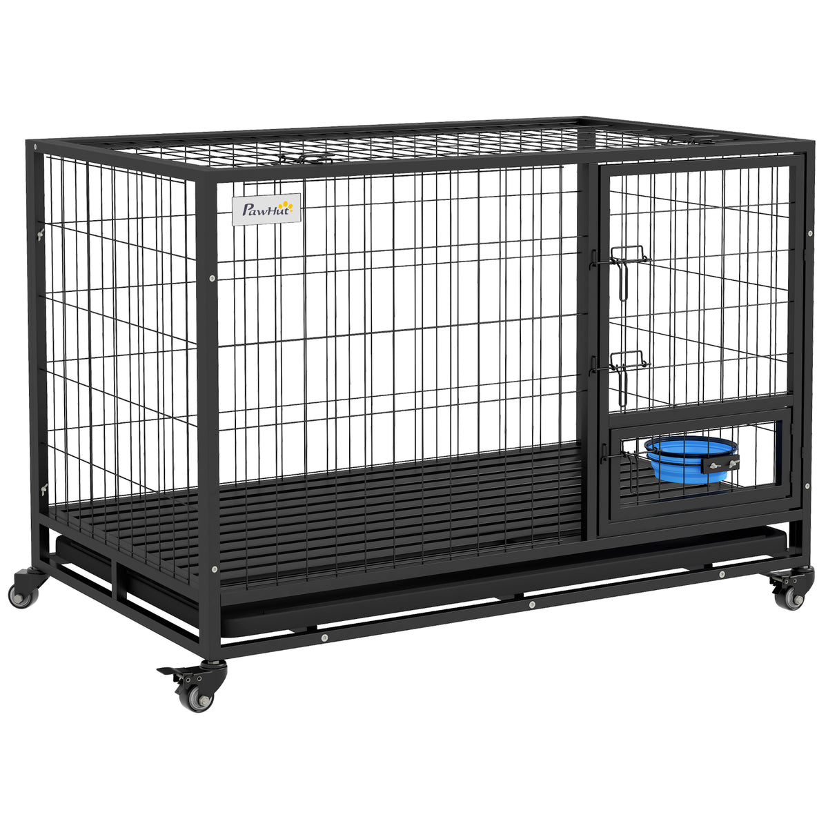 PawHut Heavy Duty Dog Crate on Wheels w/ Bowl Holder, Removable Tray, Openable Top, Detachable Door, for L, XL Dogs