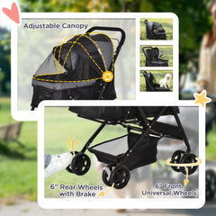 PawHut Pet Stroller Pushchair Foldable Travel Dog Cat Carriage w/ Reversible Handle Brake Basket