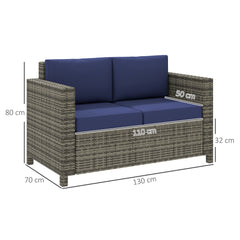 Outsunny 2 Seater Garden Furniture, Rattan Sofa with Soft Padded Cushion and Armrests, Wicker Garden Loveseat for Patio, Navy Blue