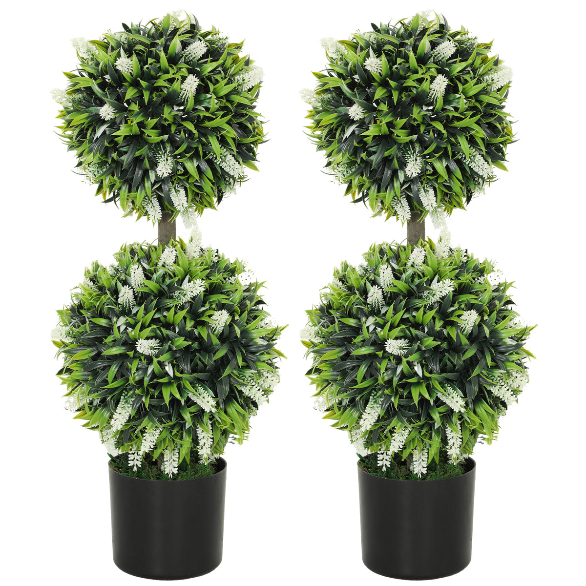 HOMCOM Set of 2 Decorative Artificial Plants Ball Trees with Lavender Flowers in Pot Fake Plants for Home Indoor Outdoor Decor, 70cm, White