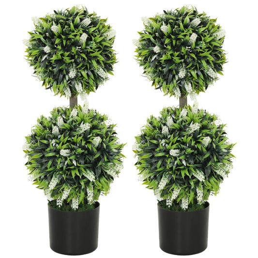 HOMCOM Set of 2 Decorative Artificial Plants Ball Trees with Lavender Flowers in Pot Fake Plants for Home Indoor Outdoor Decor, 70cm, White