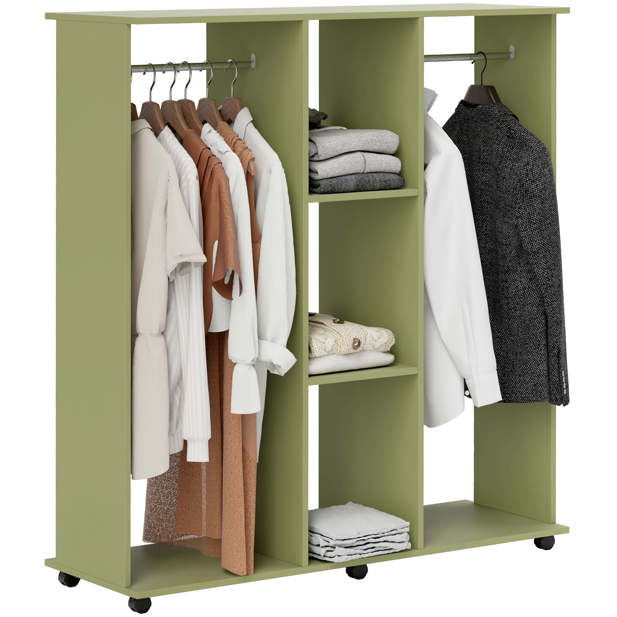 HOMCOM Open Wardrobe Double Mobile Storage Shelves Organizer W/6 Wheels-Green