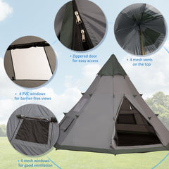 Outsunny 6 Men Tipi Tent with Carry Bag - Grey