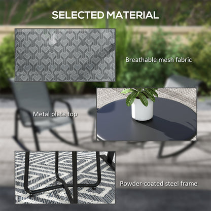 Outsunny 3 Piece Outdoor Rocking Set with 2 Armchairs and Metal Top Coffee Table, Patio Bistro Set with Curved Armrests, Breathable Mesh Fabric Seat for Garden, Deck, Mixed Grey
