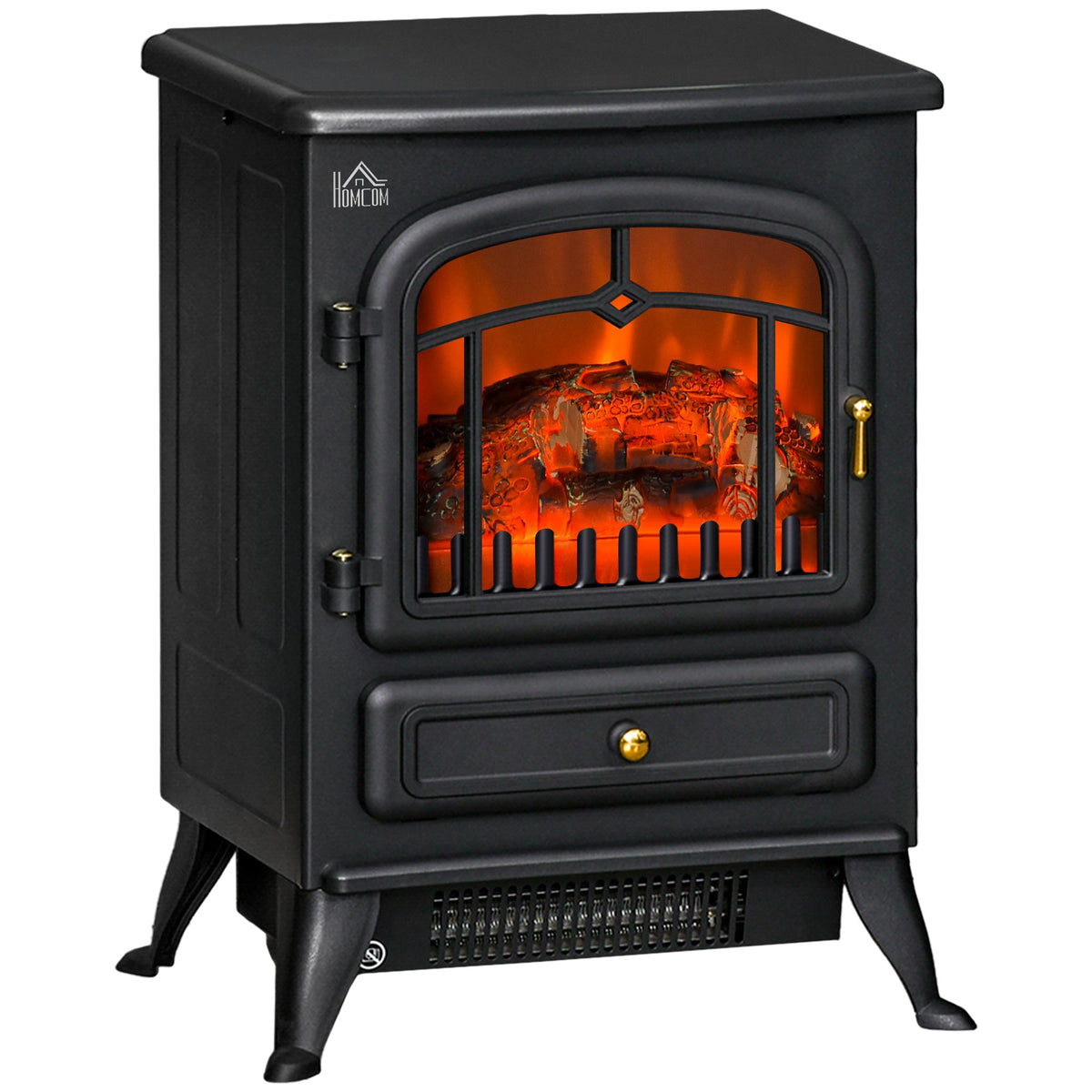 HOMCOM Freestanding Electric Fireplace Indoor Heater Glass View Log Wood Burning Effect Flame Portable Fireplace Stove 950/1850W Black