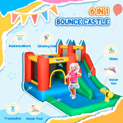 Outsunny Kids Inflatable Bouncy Castle Water Slide 6 in 1 Bounce House Jumping Castle Water Pool Gun Climbing Wall Basketball Hoop with Air Blower for Summer Playland