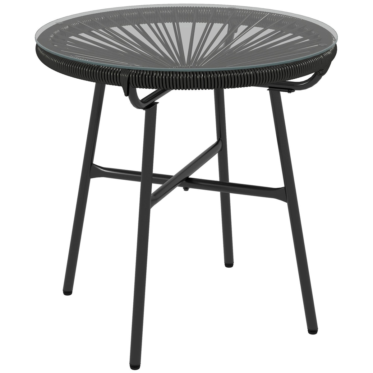 Outsunny Rattan Side Table, Round Outdoor Coffee Table, with Round PE Rattan and Tempered Glass Tabletop for Patio, Garden, Balcony, Black